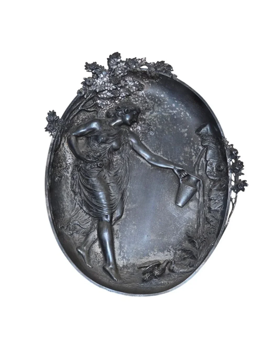 WMF Oval Art Nouveau Silverplate Pewter Wall Plaque 'Menade at Spring' 15